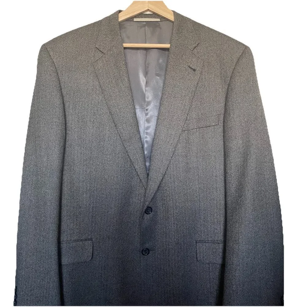 Burberry London Blazer Mens 46 Long Grey Herringbone 100% Wool Kensington Jacket
